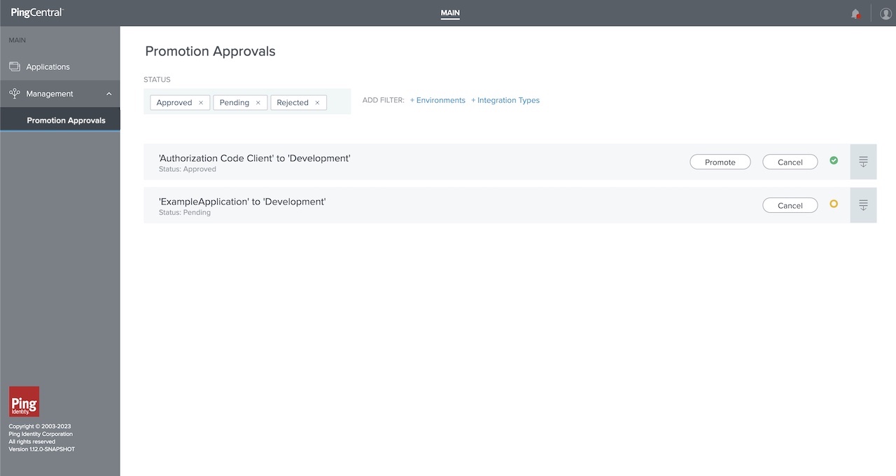 Screen capture of console for application owners that displays the Approvals page with active approval requests. Status is filtering for Approved, Pending, and Rejected approval requests.