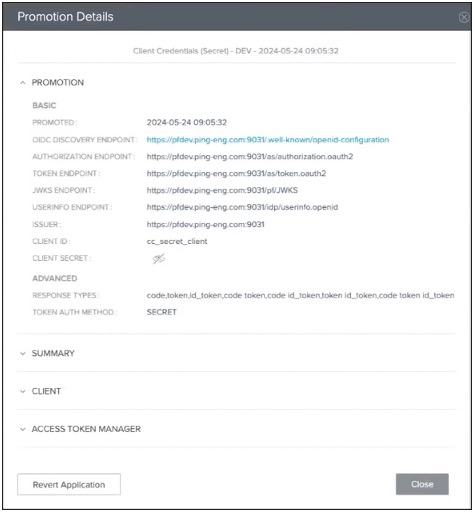 This example displays the Client ID, the OIDC discovery endpoint, and the client secret on the Promotion Details modal.