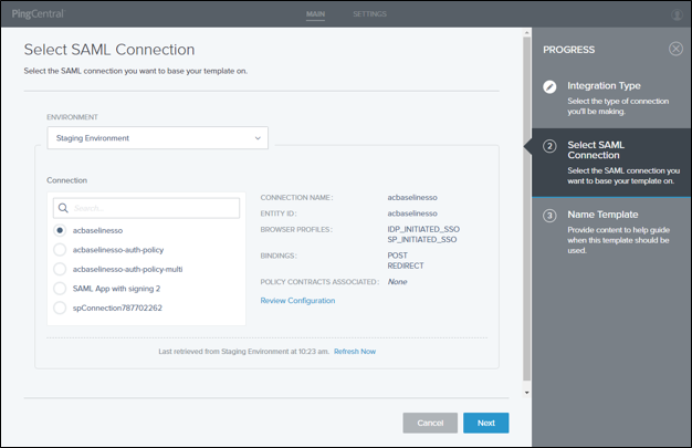 This example shows the information that displays when a SAML connection is selected.