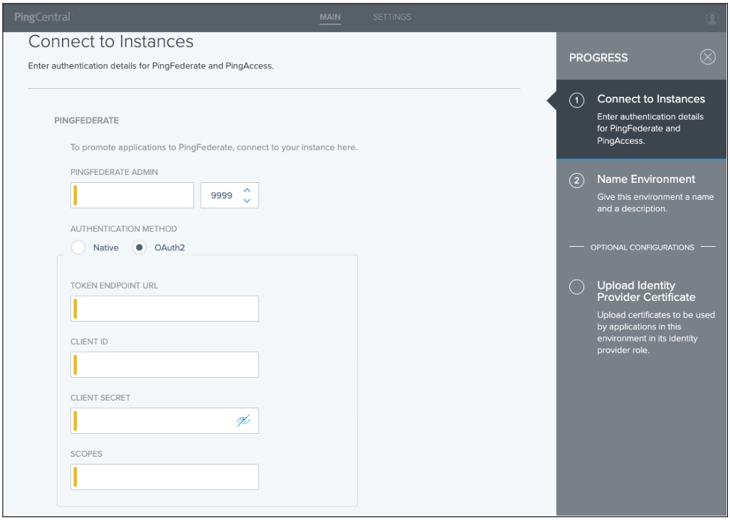 In this example, the Connect to Instances page in PingCentral is displayed.