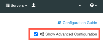 A screen capture of the administrative console configuration screen with the Show Advanced Configuration check box selected.