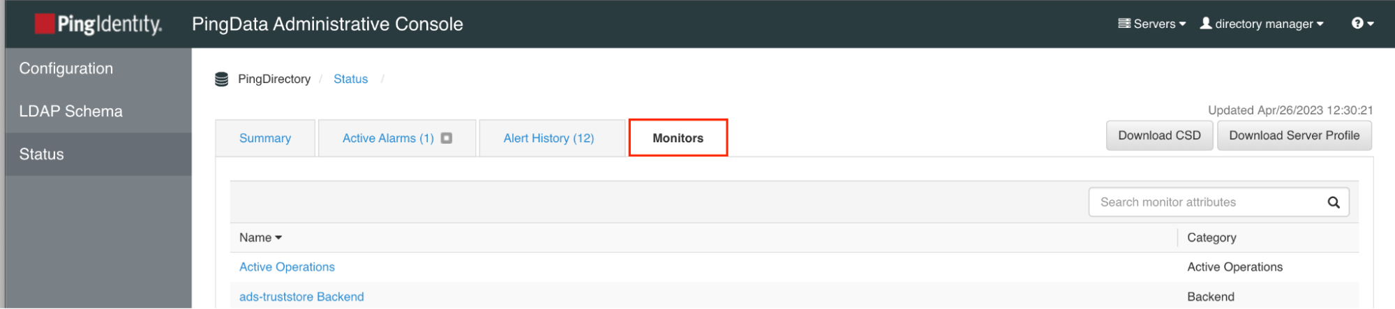 Screen capture of the Status page in the admin console with the Monitors tab selected and highlighted