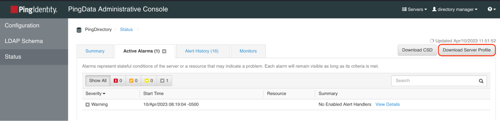 A screen capture highlighting the Download Server Profile button in the Status section of the admin console.