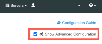 A screen capture of the admin console configuration screen with the Show Advanced Configuration check box selected.