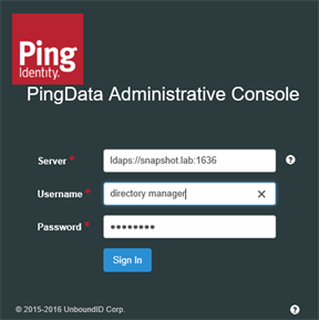 Screen capture of the PingDirectory admin console sign-on screen showing the Server, Username, and Password fields