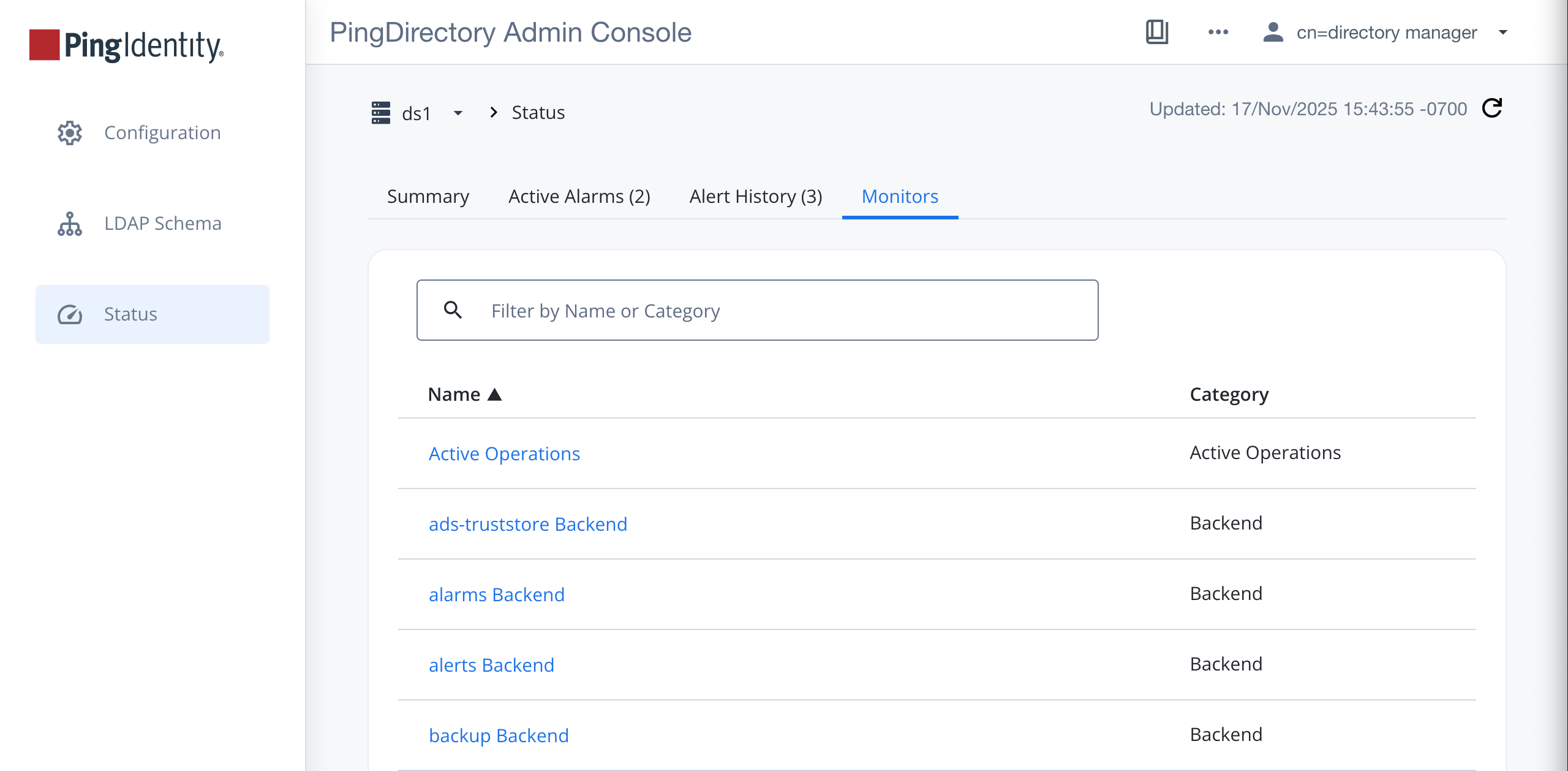 Screen capture of the Status page in the admin console with the Monitors tab selected