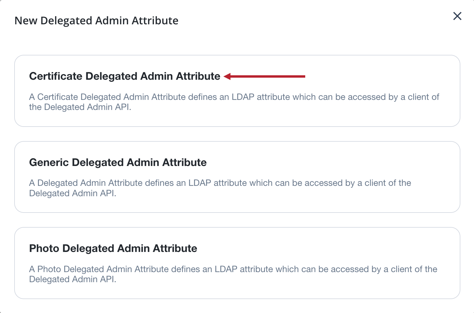 Screen capture showing the Delegated Admin New Attribute list with the Certificate Delegated Admin Attribute highlighted.