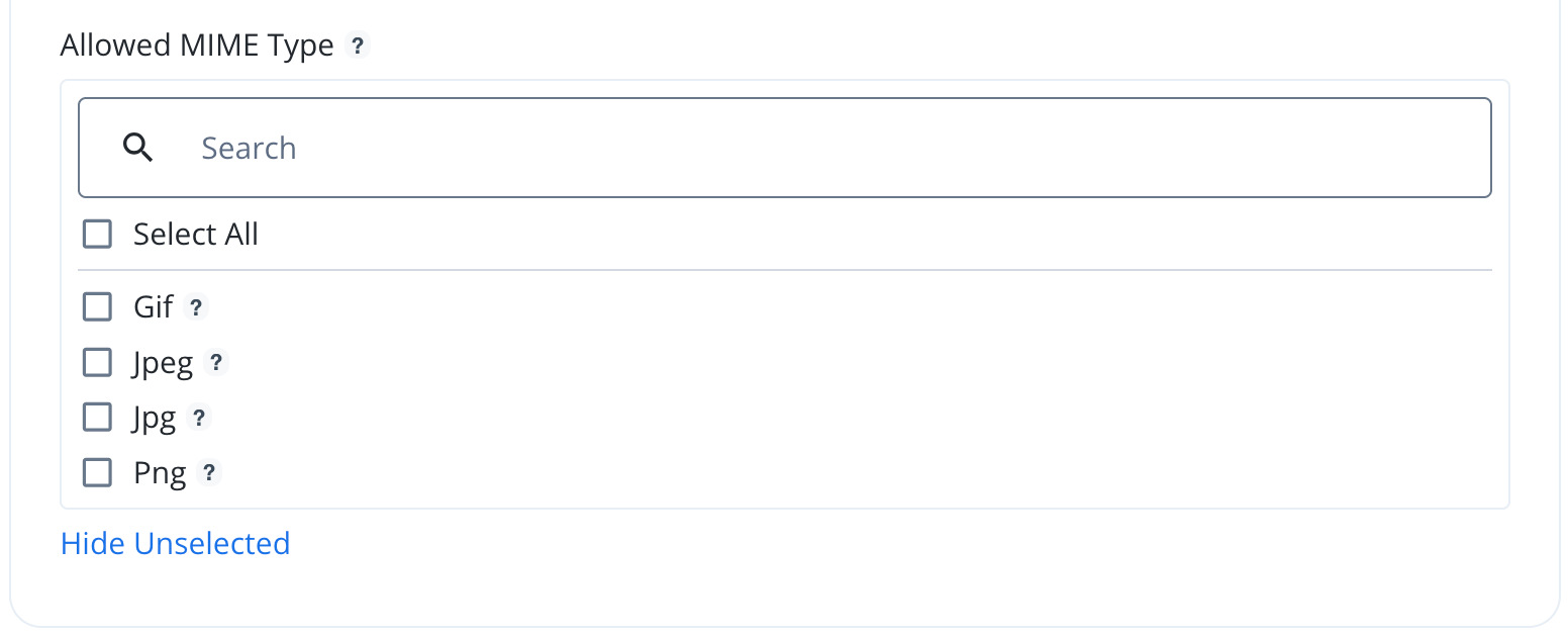 A screen capture showing the Delegated Admin new photo attribute Allowed Mime Type options.