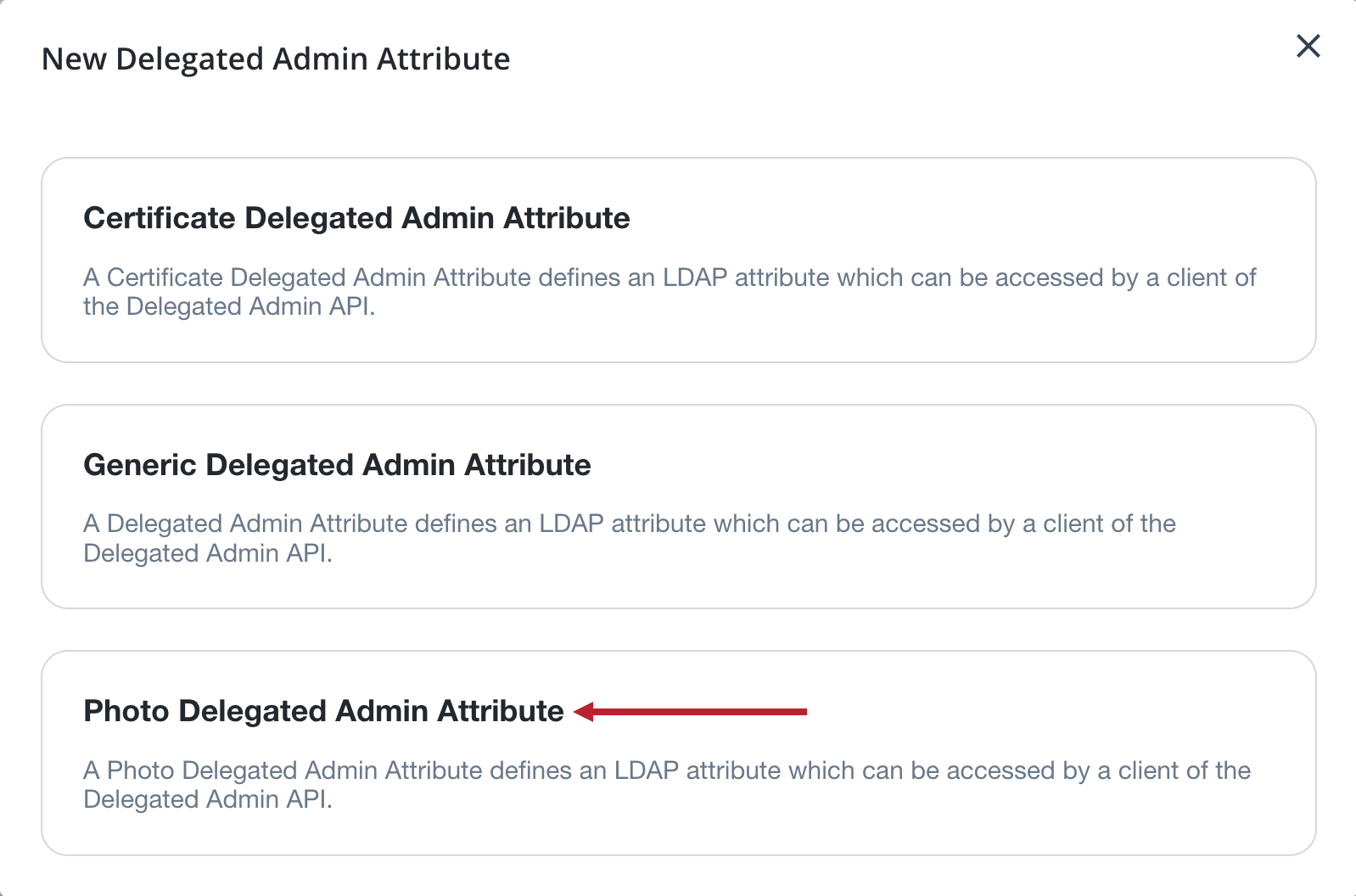 A screen capture showing the Delegated Admin New Attribute list with the Photo Delegated Admin Attribute highlighted.