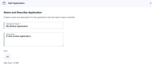 A screen capture showing the admin console Add Application page with name, description, and icon fields shown.