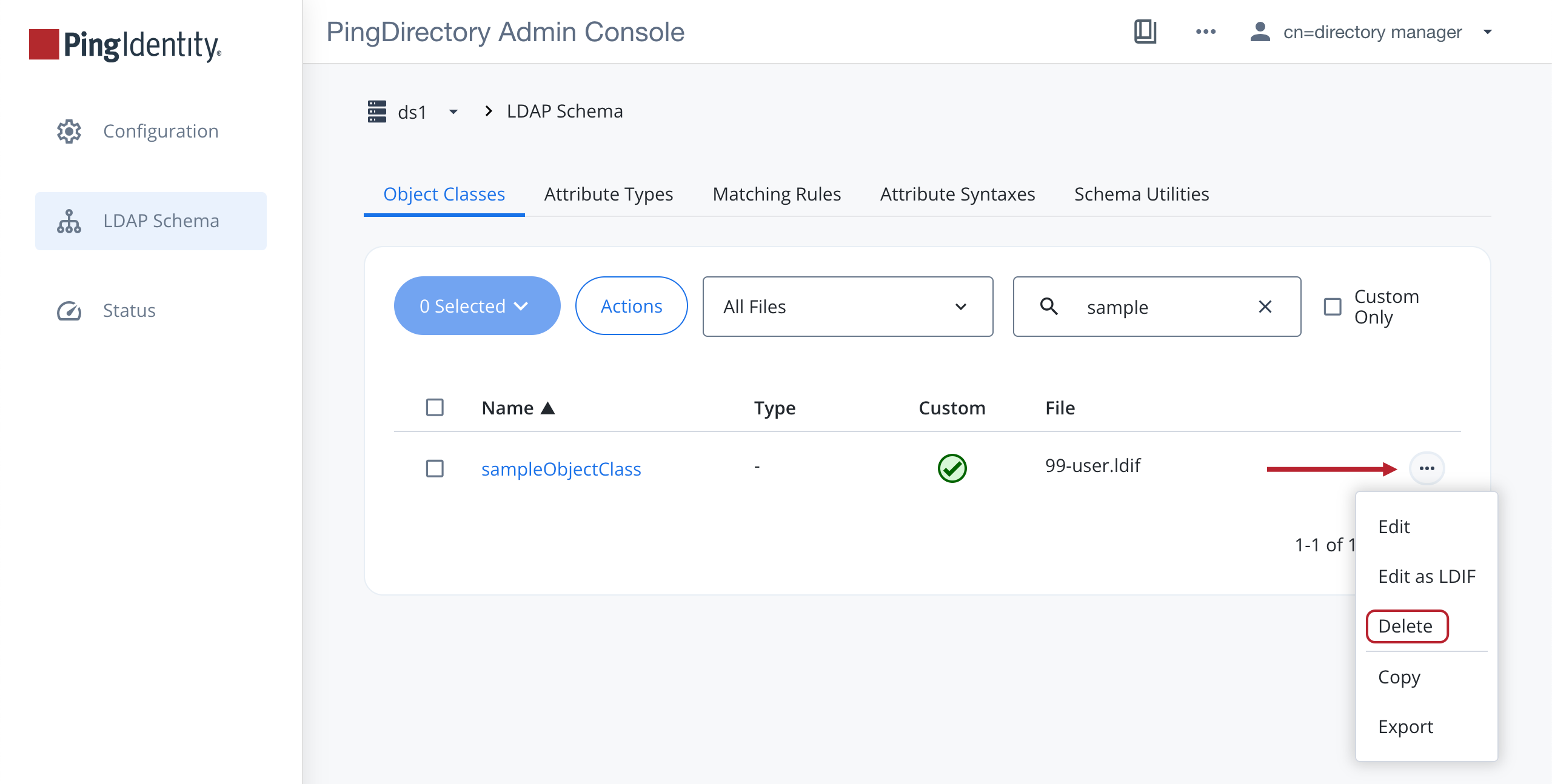 Screen capture showing the sampleObjectClass schema definition with the Delete item in the More Options list highlighted.