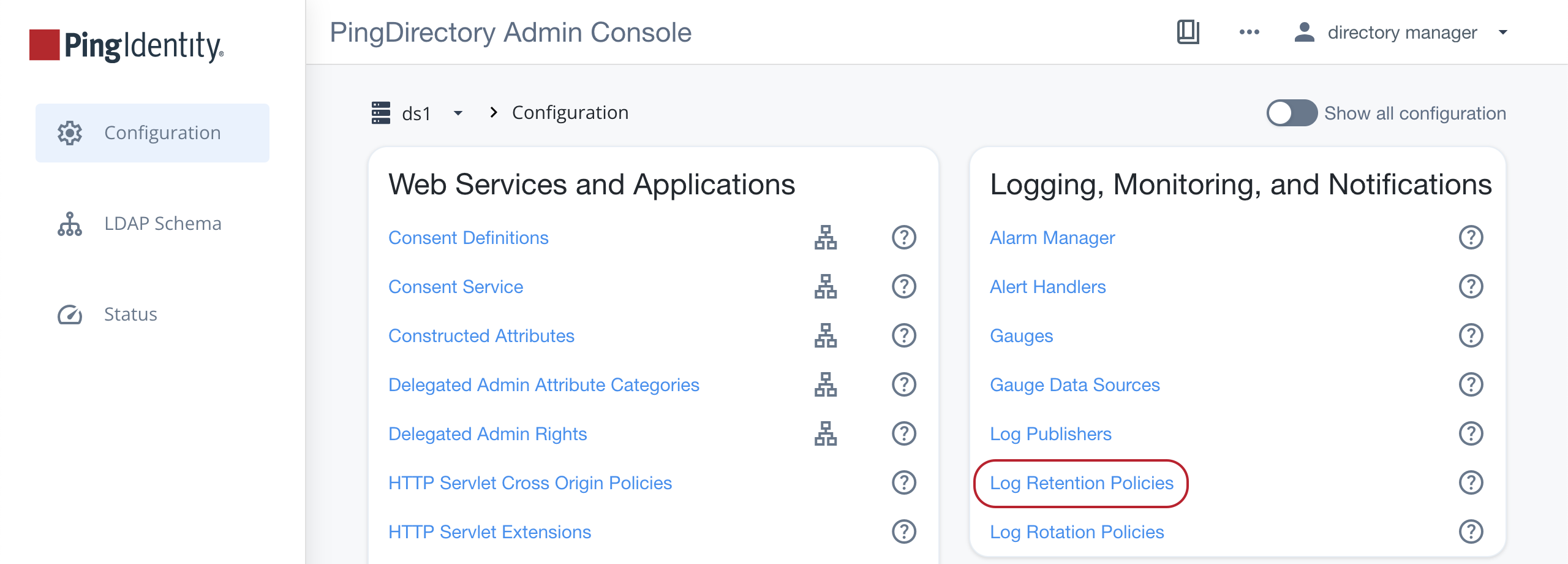 Screen capture showing the Logging, Monitoring, and Notifications section of the Configuration menu with the Log Retention Policies highlighted.