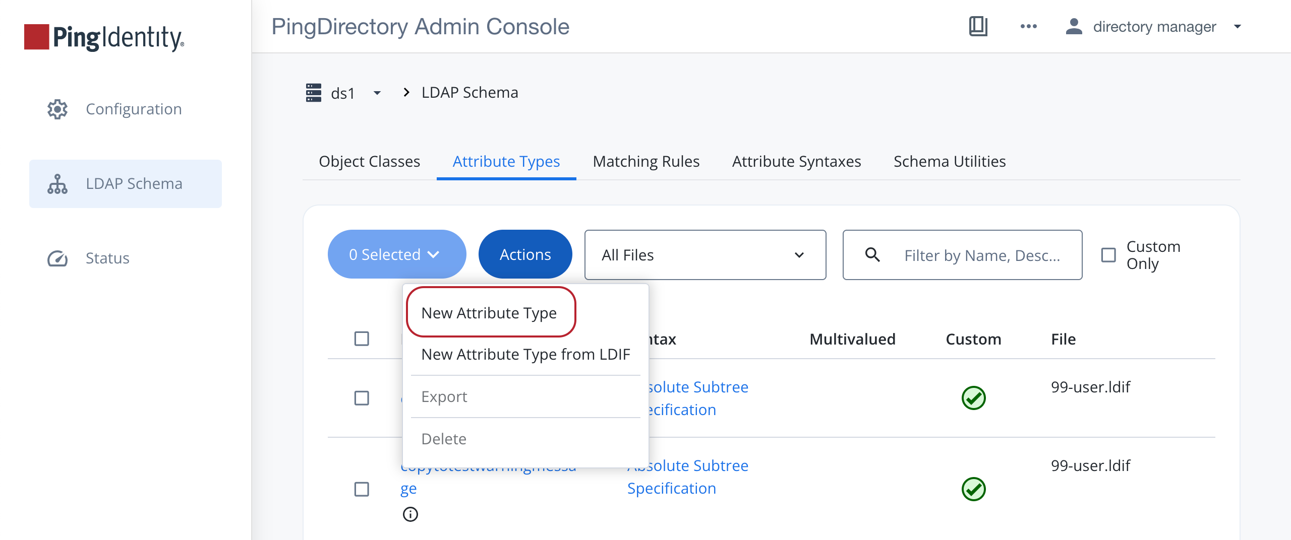 A screen capture showing the Actions list on the Attribute Types tab with the New Attribute Type option highlighted.
