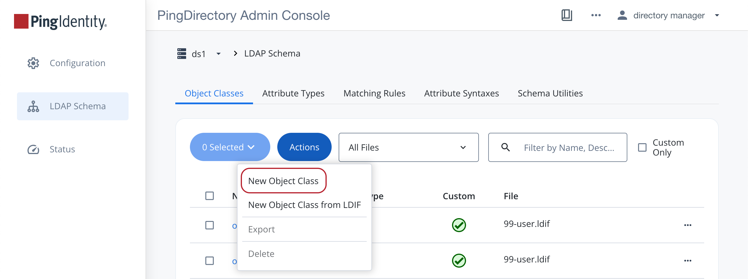 A screen capture showing the Actions list on the Object Classes tab with the New Object Class option highlighted.