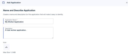 A screen capture showing the administrative console Add Application page with name, description, and icon fields shown.