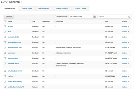 A screen capture of a sample LDAP Schema Editor Object Classes tab. The other tabs across the top are as described in the previous list, and the columns shown are titled Name, Type, Modifiable, Description, File, and Actions.