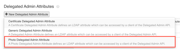 A screen capture showing the Delegated Admin New Attribute list with the Photo Delegated Admin Attribute highlighted.