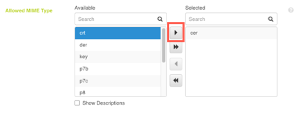 Screen capture showing the Delegated Admin new certificate attribute Allowed Mime Type Available and Selected columns with the selection arrows highlighted.