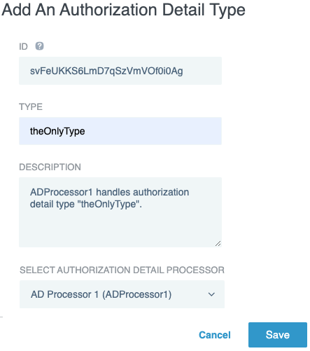 Screen capture of the Add an Authorization Detail Type window