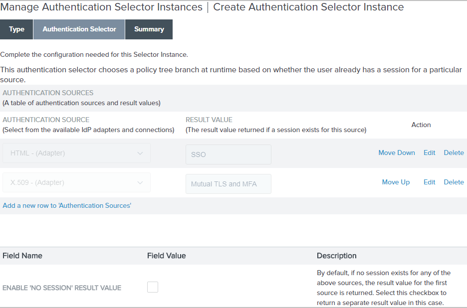 Create Authentication Selector Instance window