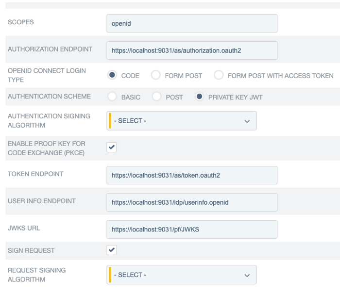 Screen capture of the OpenIDProvider Info tab. There are fields for Scopes, Authorization Endpoint, OpenID Connect Login Type, Authentication Scheme, Authentication Signing Algorithm, Enable Proof Key for Code Exchange, Token Endpoint, User Info Endpoint, JKWS URL, Sign Request, and Request Signing Algorithm. OpenID Connect Login has Code selected. There are check boxes for Enable Proof Key for Code Exchange and Sign Request, which are both are selected.