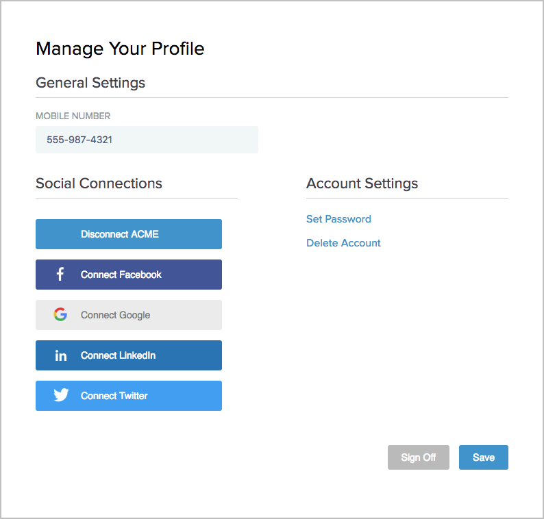 A screen capture of a user’s profile management page when you have added Facebook, Google, LinkedIn, and Twitter or other third-party identifier to the local identity profile.