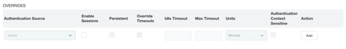 A screen capture of the Overrides section in the Authentication Sessions window configuration. There are fields for authentication source, enable sessions, persistent, override timeouts idle timeout, units, authentication context sensitive, and action.