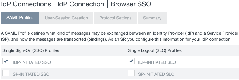 Screen capture of the Browser SSO configuration window with the SAML Profiles tab selected. There is a section for Single Sign-On (SSO) Profiles with IdP-Initatited SSO and SP-Initiated SSO check boxes. The IdP-Initiated SSO check box is selected. There is another section for Single Logout (SLO) Profiles with IdP-Initiated SLO and SP-Initiated SLO check boxes. The IdP-Initiated SLO check box is selected.