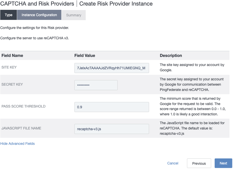 Screenshot of the Create Captcha Provider Instance window’s Instance Configuration tab