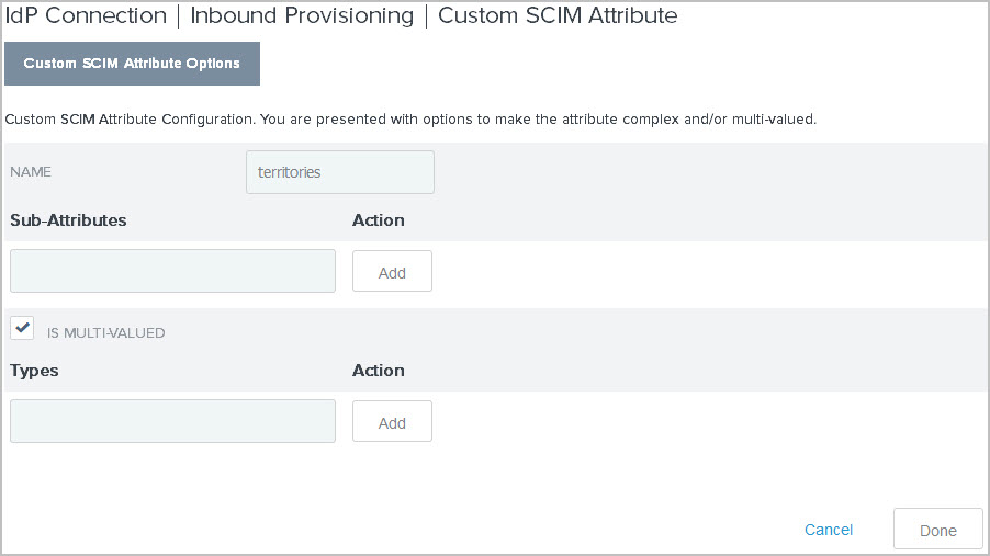 Screen capture of the Custom SCIM Attribute Options tab showing the Is Multi-valued check box selected.