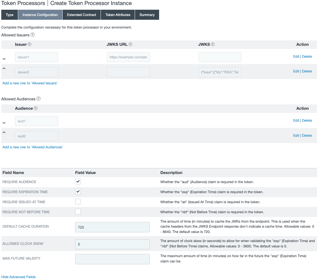 Screenshot of the Instance Configuration tab for JWT token processor 2.0