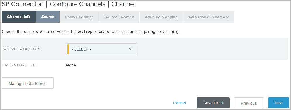 Screen capture illustrating the Source tab in the administrative console.