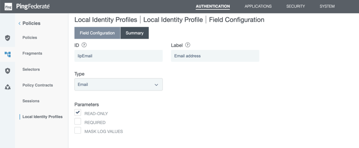 Screen capture of the local identity profile field configuration window. There are fields for ID, Label, and Type. There are also Read-Only, which is selected, Required, and Mask Log Values check boxes in the Parameters section.