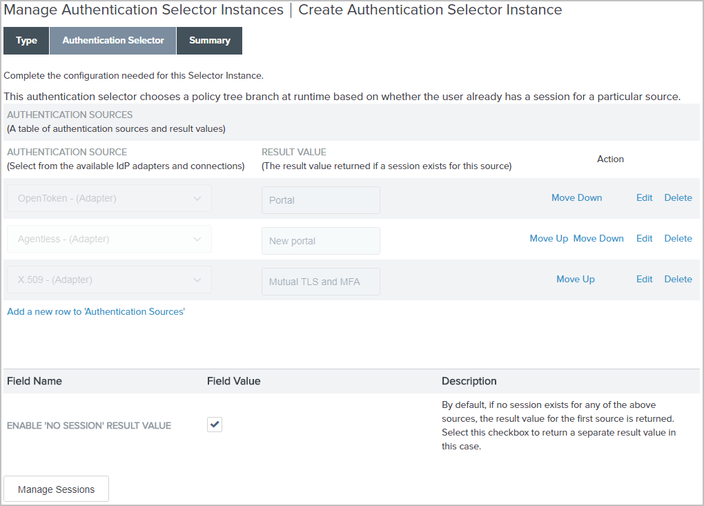 A screen capture illustrating a configuration where two authentication sources are defined and the Enable 'No Session' Result Value checkbox is selected.