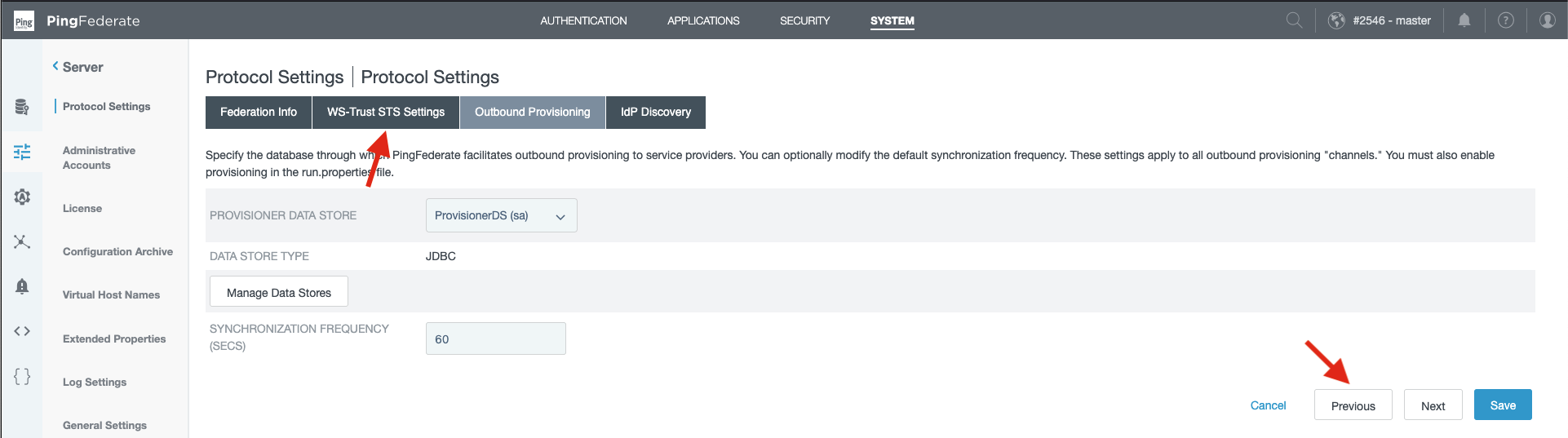 a screencapture of the Protocol Settings menu with arrows pointing to the previous tab and Previous button.