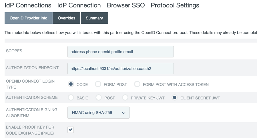 Screen capture of the **OpenIDProvider Info** tab. There are fields for Scopes, Authorization Endpoint, OpenID Connect Login Type, Authentication Scheme, Authentication Signing Algorithm, Enable Proof Key for Code Exchange. OpenID Connect Login has Code selected. Authentication Scheme has Client Secret JWT selected. The text field for Authentication Signing Algorithm is filled in with the value HMAC using SHA-256. There is a checkbox for Enable Proof Key for Code Exchange, which is selected.