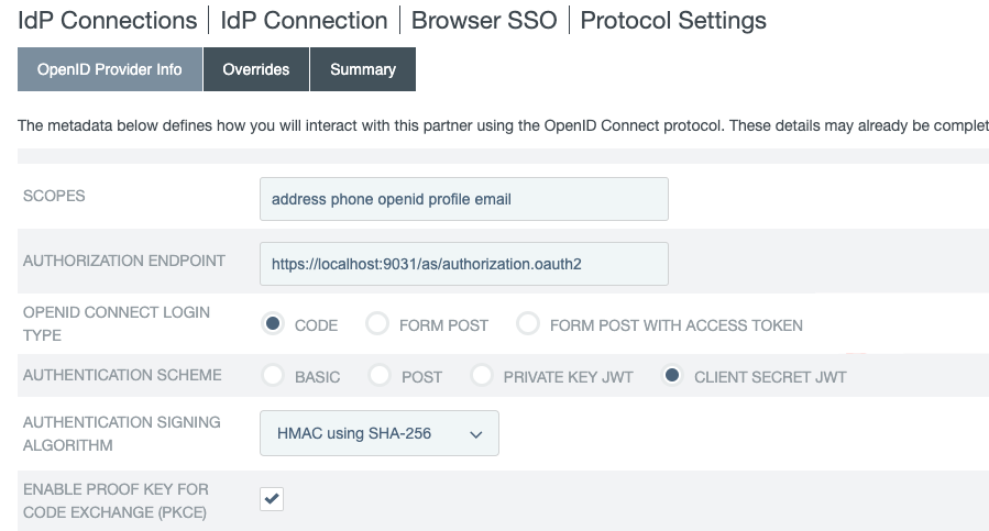 Screen capture of the OpenIDProvider Info tab. There are fields for Scopes, Authorization Endpoint, OpenID Connect Login Type, Authentication Scheme, Authentication Signing Algorithm, Enable Proof Key for Code Exchange. OpenID Connect Login has Code selected. Authentication Scheme has Client Secret JWT selected. The text field for Authentication Signing Algorithm is filled in with the value HMAC using SHA-256. There is a check box for Enable Proof Key for Code Exchange, which is selected.