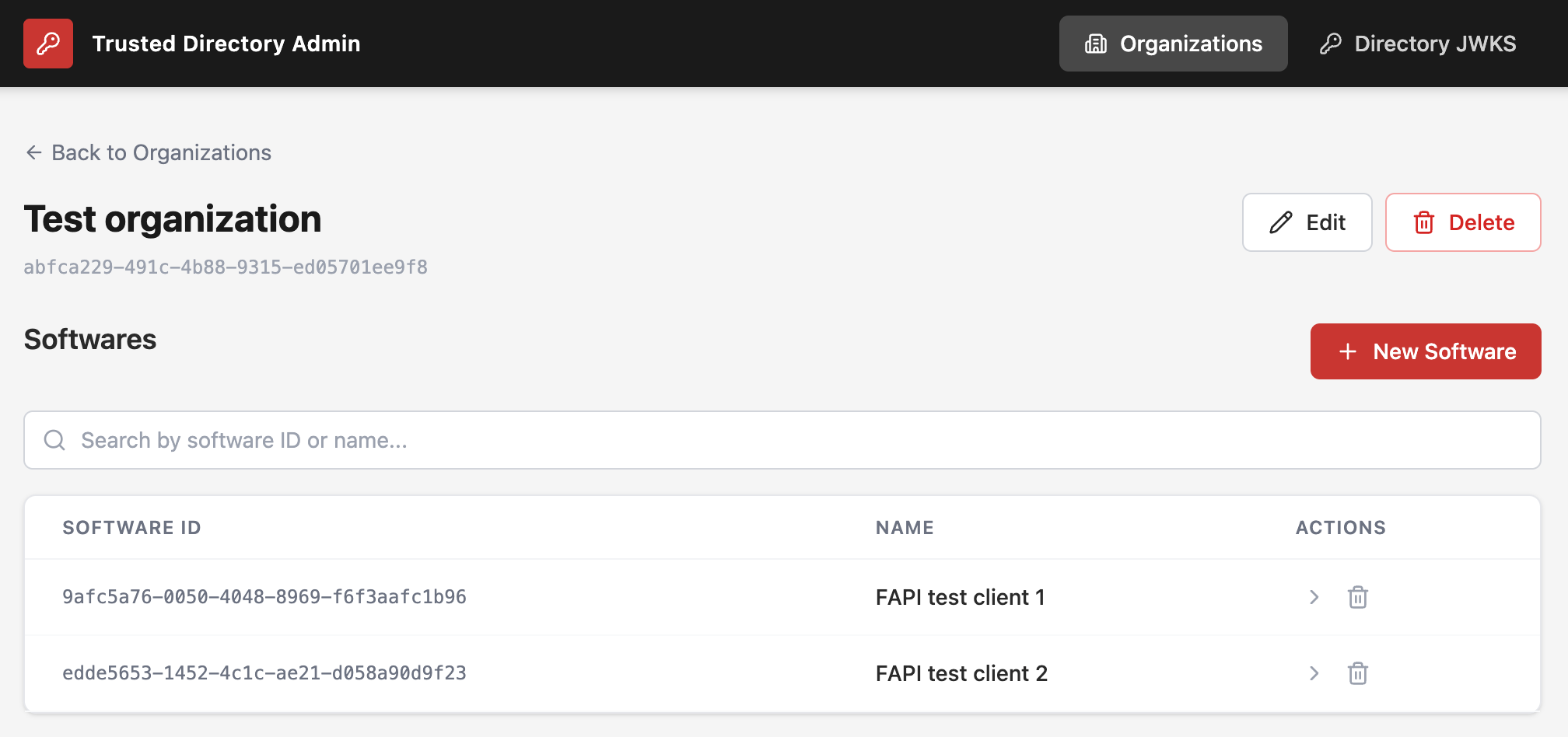 The UI software list shows the API clients.