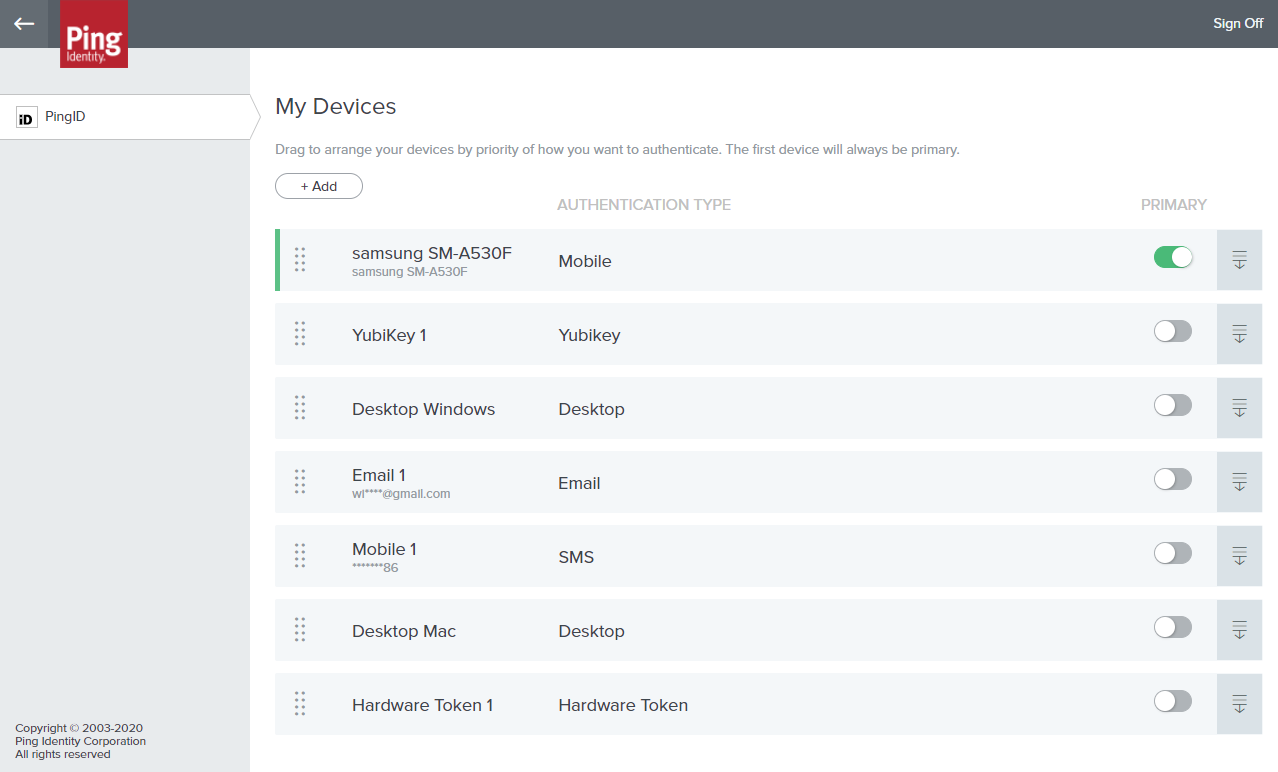 A screen capture of the My Devices page with a listing of the current devices and their authentication types and an indication of the primary device on the account.