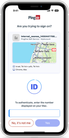 PingID mobile app displaying a message asking you to enter the same number that is displayed on the Authentication screen. At the end of the list is the No, it’s not me button that also allows you to report fraud.