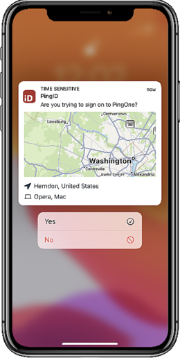 A screen capture of the PingID mobile app notification authentication request asking whether the user is trying to sign on, with Yes or No options.