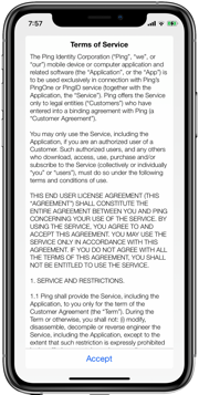 An image of an iPhone screen showing the Terms of Service message with the Accept option.