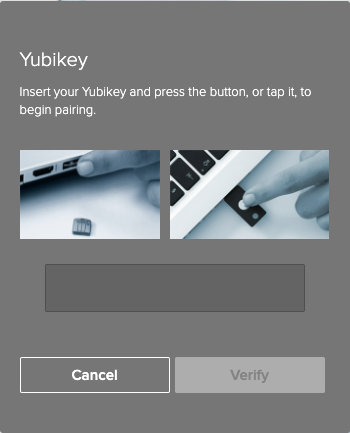 A screen capture of the Yubikey window prompting you to insert your Yubikey to pair it.