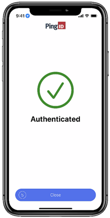 A screen capture of the green Authenticated message with a check mark indicating successful authentication and your access is approved.