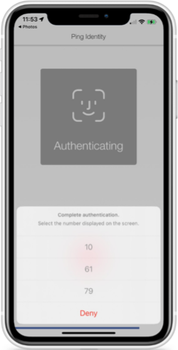 PingID mobile app showing a list of numbers and a message asking you to select the number that matches the number displayed in the authentication screen, or Deny the authentication request