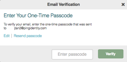 A screen capture of the Email Verification window requesting the one-time passcode in the Enter passcode field.