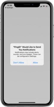 An image of an iPhone screen with the PingID would like to send you notifications message request with the Don’t Allow or Allow options