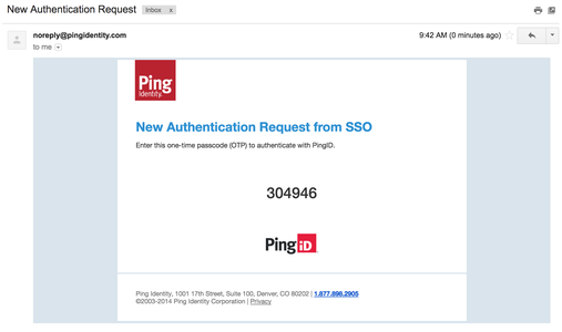 A screen capture of the New Authentication Request from SSO email displaying a one-time passcode to authenticate with PingID.