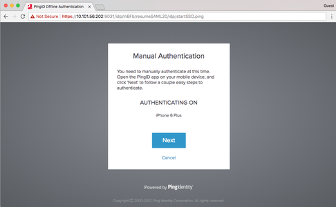 A screen capture of the Manual Authentication message requesting you to manually authenticate with the Authenticating On information and the Next option.