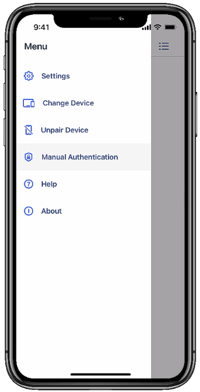 A screen capture of the app menu, showing the Manual Authentication option.
